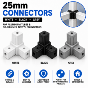 Promotional image for 25mm connectors showing white, black, and grey block connectors with circular holes and a cross joint illustration in the top-right circle.