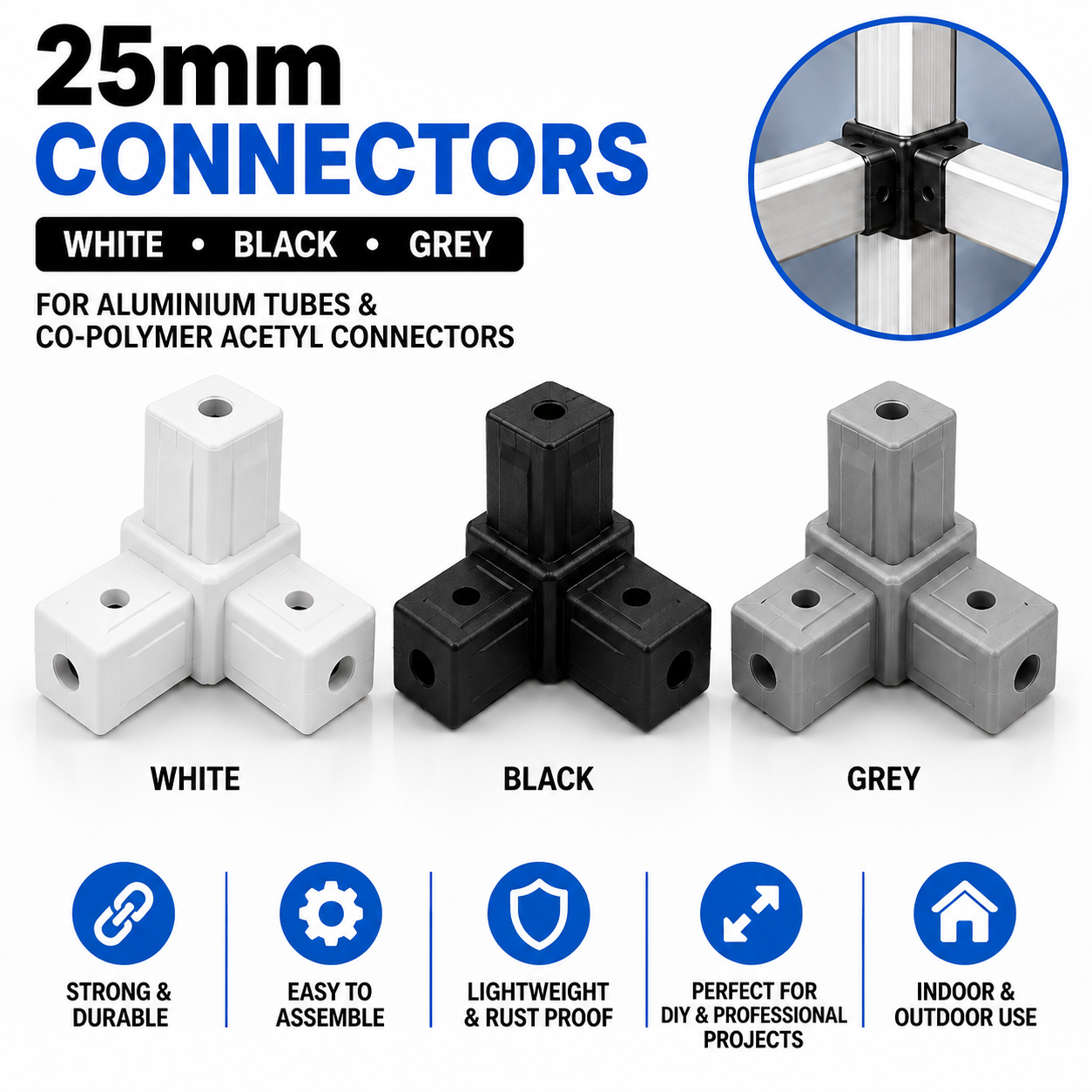 Promotional image for 25mm connectors showing white, black, and grey block connectors with circular holes and a cross joint illustration in the top-right circle.