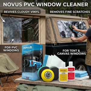 Banner for NOVUS PVC WINDOW CLEANER; left shows revived cloudy vinyl tent window, right shows a man polishing a tent window with a cleaning pad, foreground features the kit and supplies.